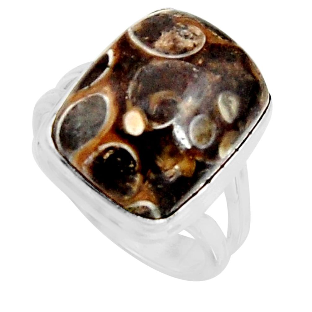 Natural turritella fossil snail agate 925 silver solitaire ring size 8.5 r11672