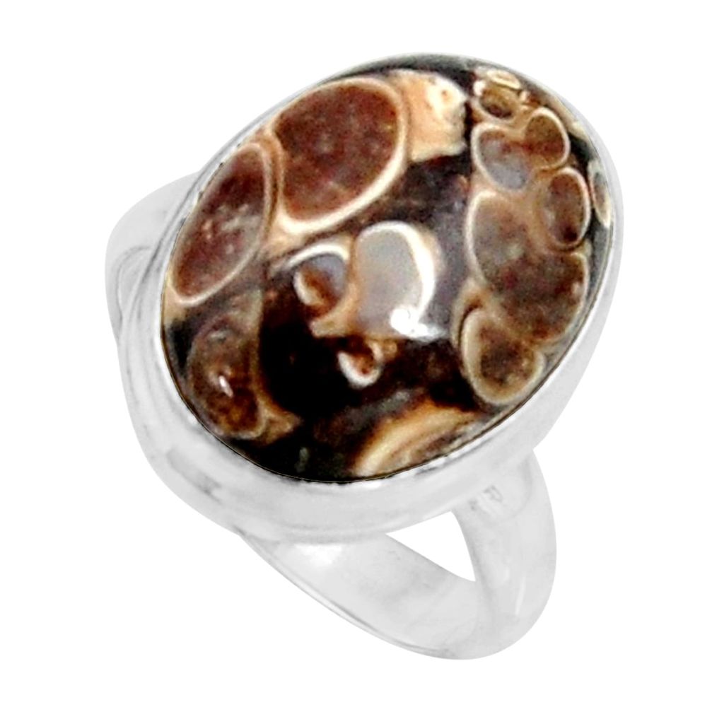 Natural turritella fossil snail agate 925 silver solitaire ring size 7.5 r11675