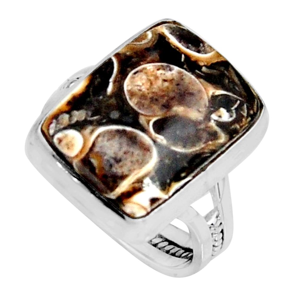 Natural turritella fossil snail agate 925 silver solitaire ring size 8.5 r11679