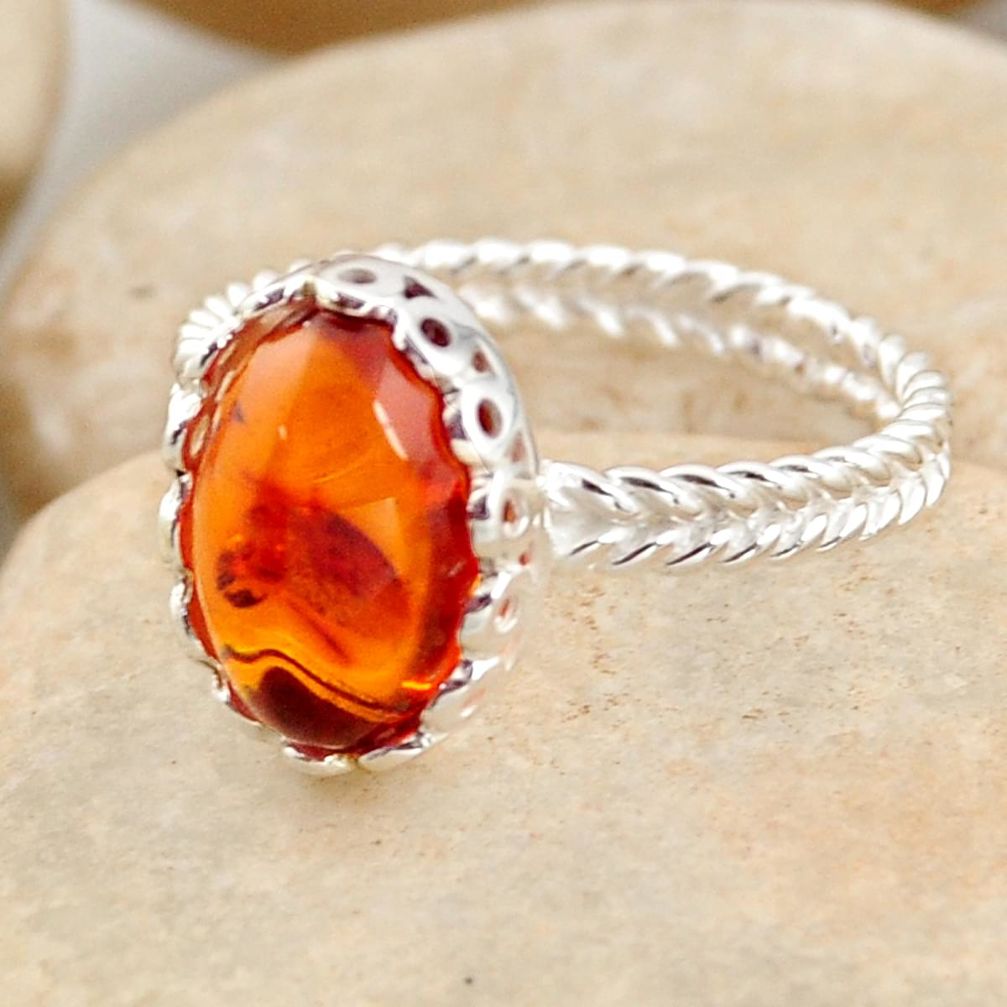 2.90cts natural orange baltic amber 925 silver solitaire ring size 7.5 r11989