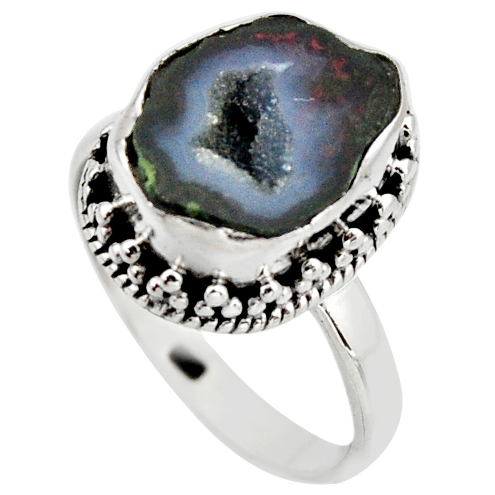 6.03cts natural brown geode druzy 925 silver solitaire ring size 8.5 r12102
