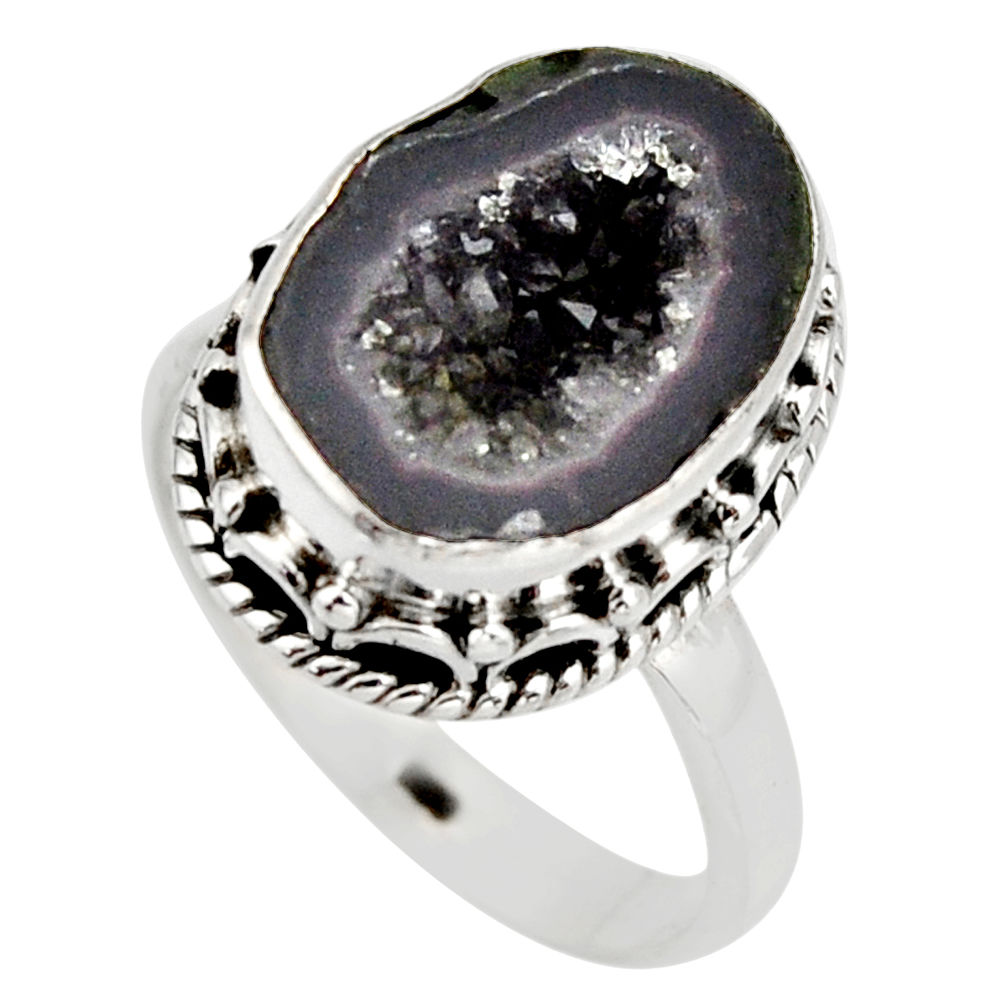 925 silver 6.58cts natural brown geode druzy solitaire ring size 7.5 r12104