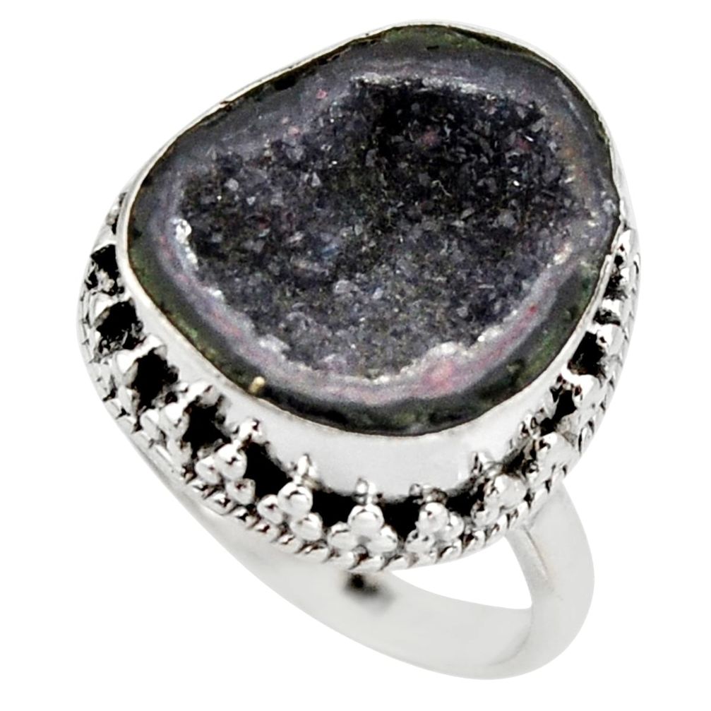 7.12cts natural brown geode druzy 925 silver solitaire ring size 6.5 r12106