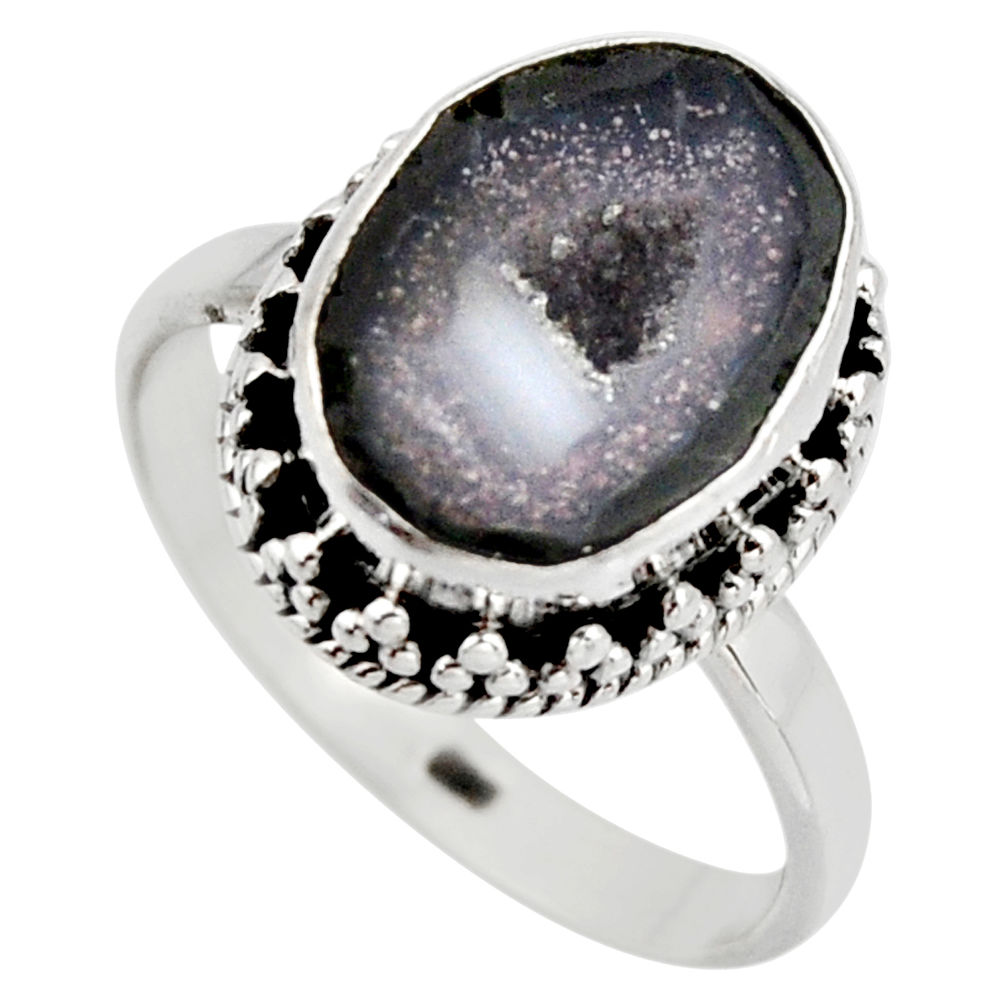 925 silver 6.04cts natural brown geode druzy solitaire ring size 8.5 r12117