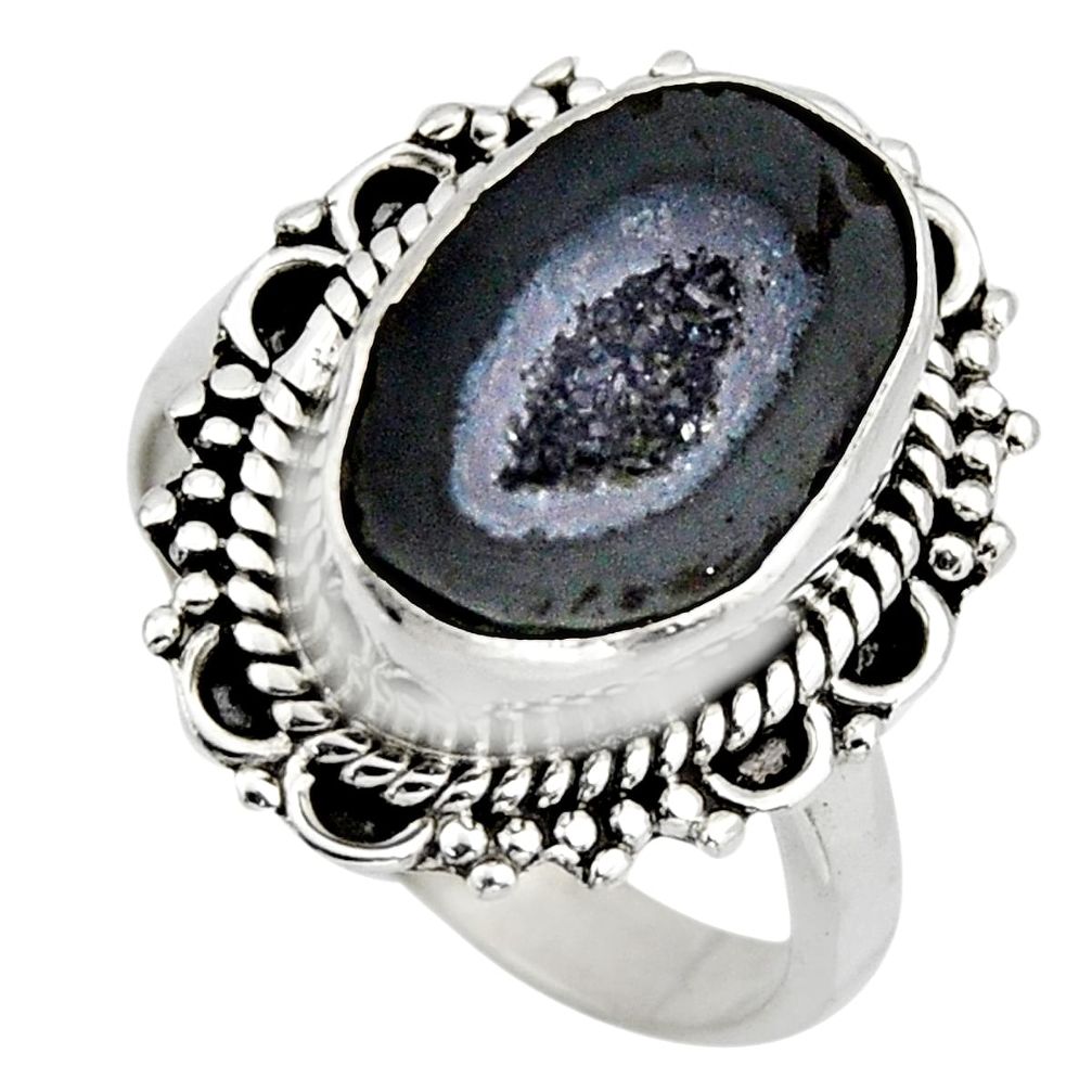 6.31cts natural black geode druzy 925 silver solitaire ring size 7.5 r12122