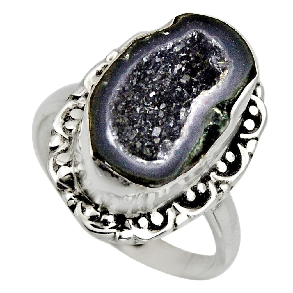 6.10cts natural black geode druzy 925 silver solitaire ring size 7.5 r12123