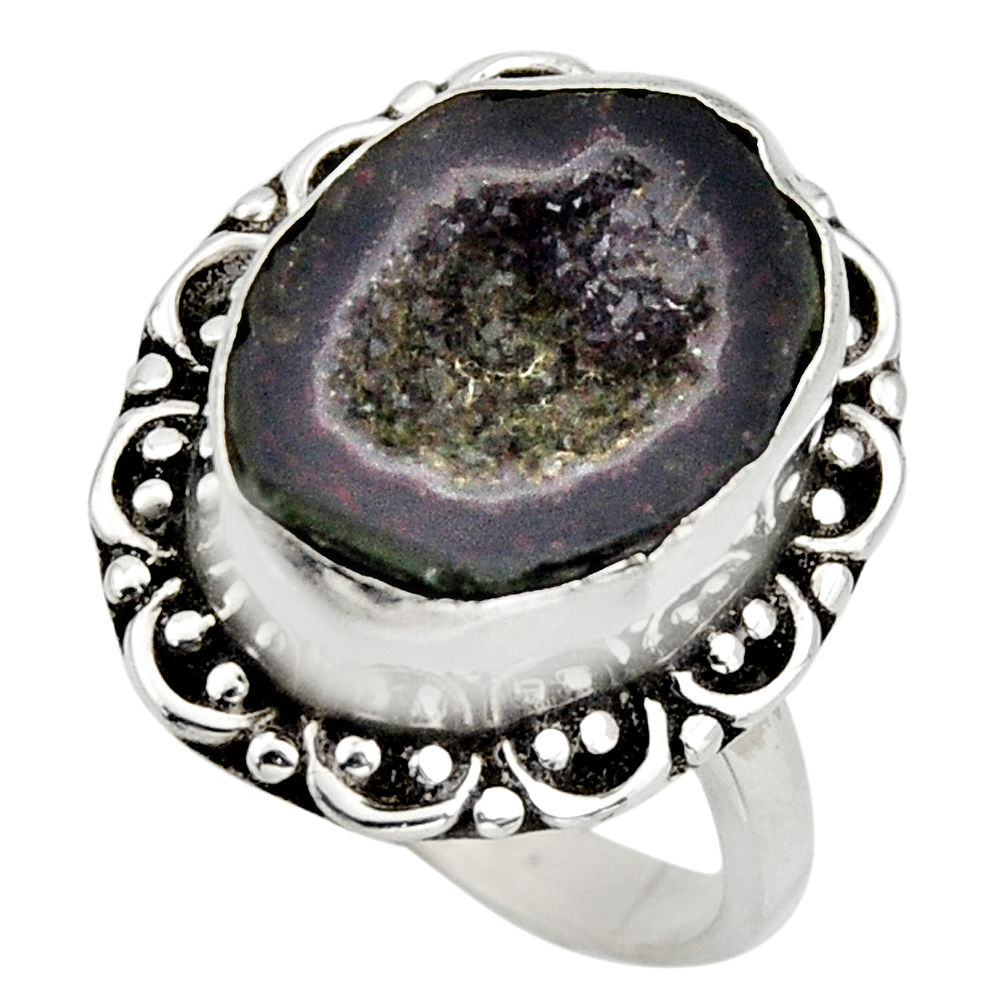 6.31cts natural black geode druzy 925 silver solitaire ring size 7.5 r12126