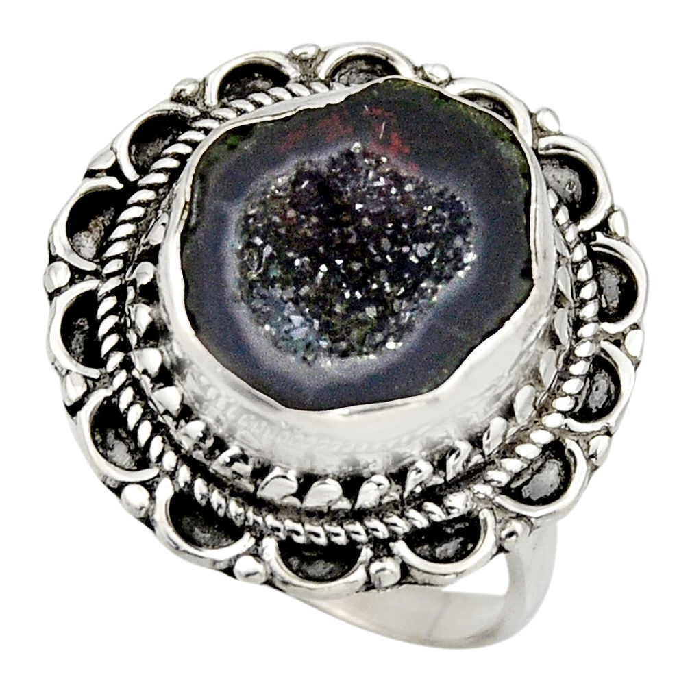 8.03cts natural black geode druzy 925 silver solitaire ring size 8.5 r12134