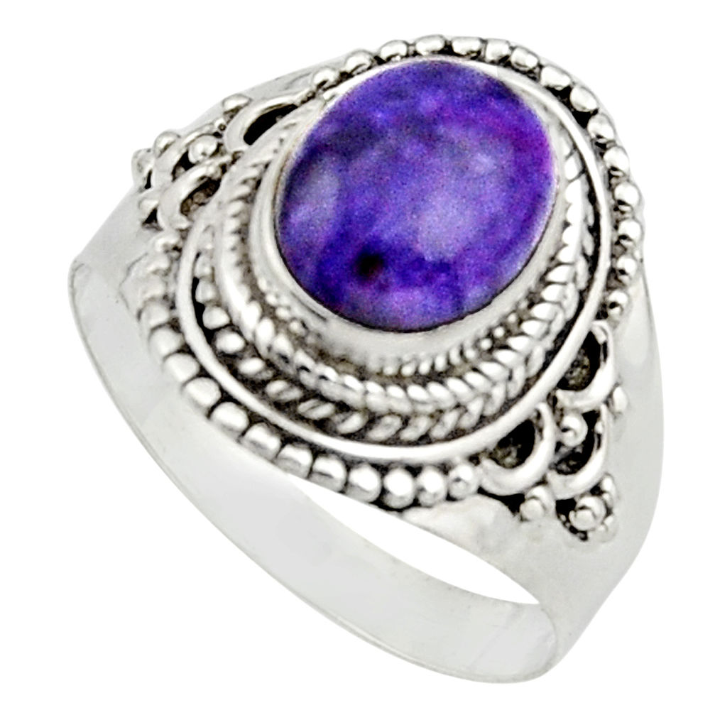 925 silver 4.42cts natural purple charoite oval solitaire ring size 8.5 r12904