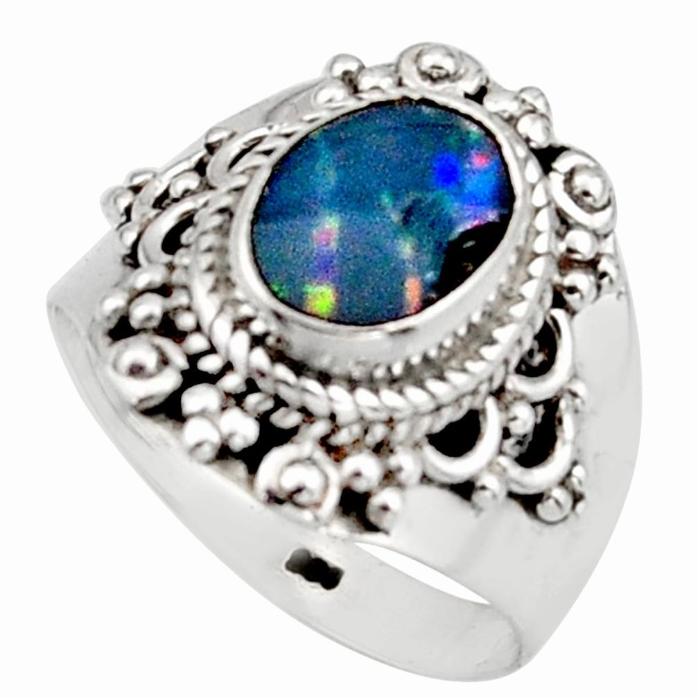 2.54cts natural blue doublet opal australian silver solitaire ring size 7 r13082