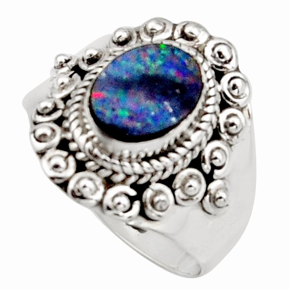 2.68cts natural blue doublet opal australian silver solitaire ring size 8 r13083