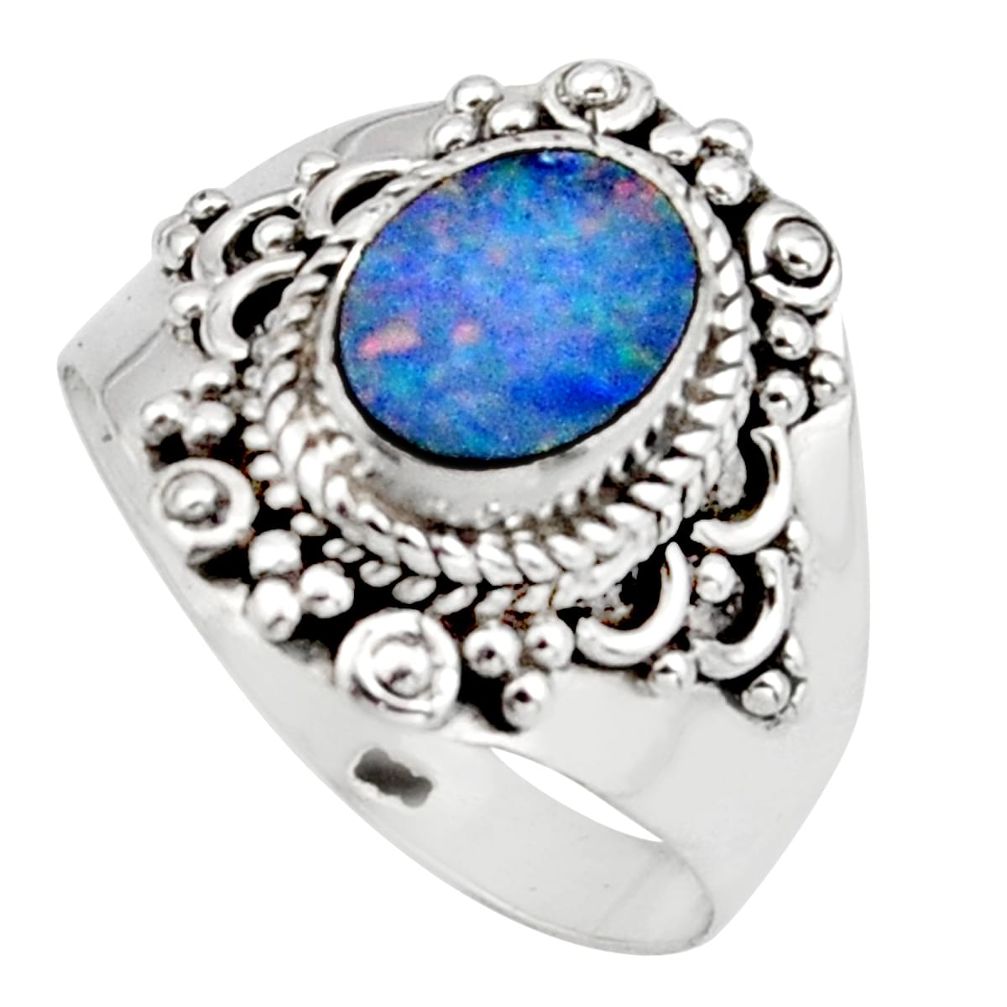 Natural blue doublet opal australian 925 silver solitaire ring size 8.5 r13090