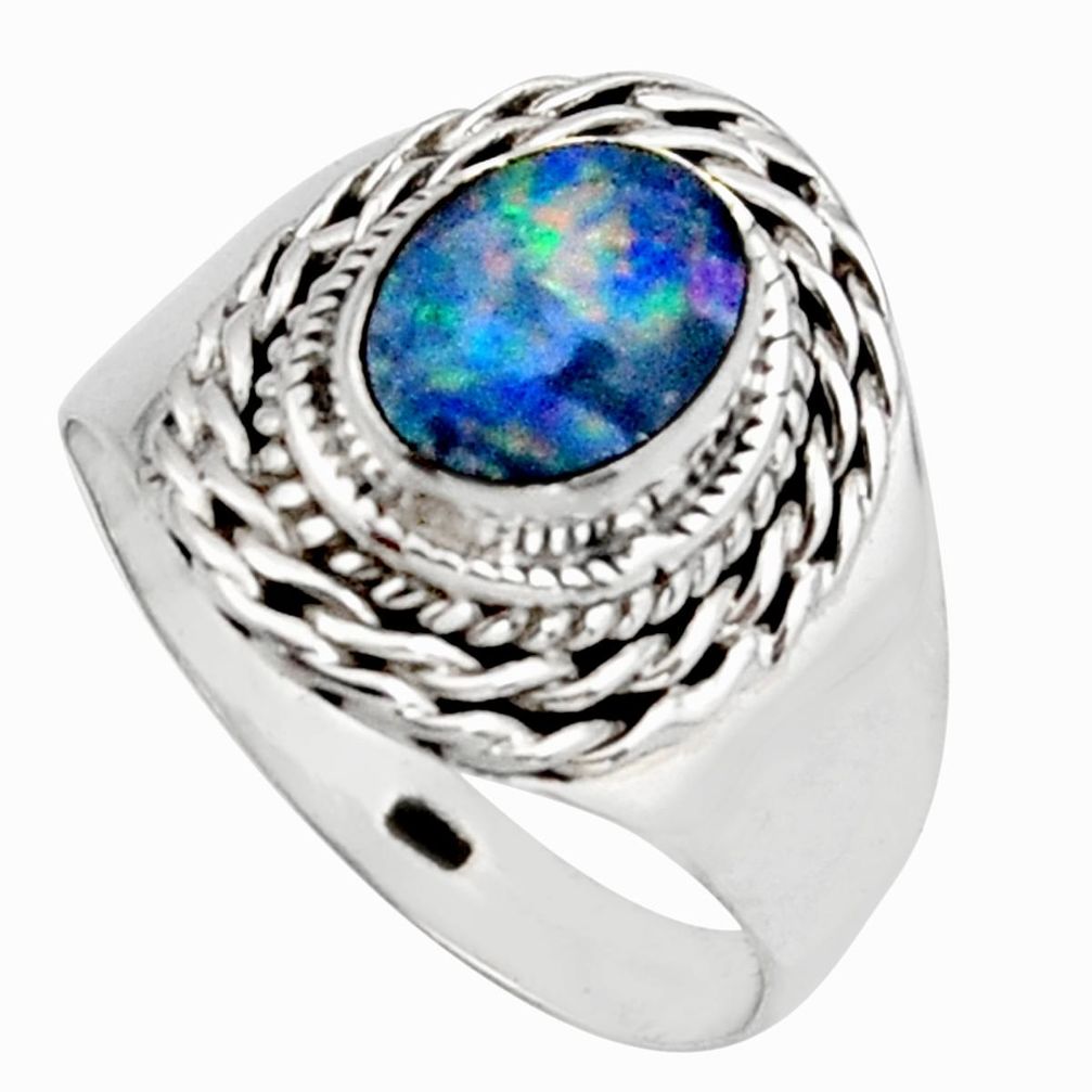 Natural blue doublet opal australian 925 silver solitaire ring size 8.5 r13093