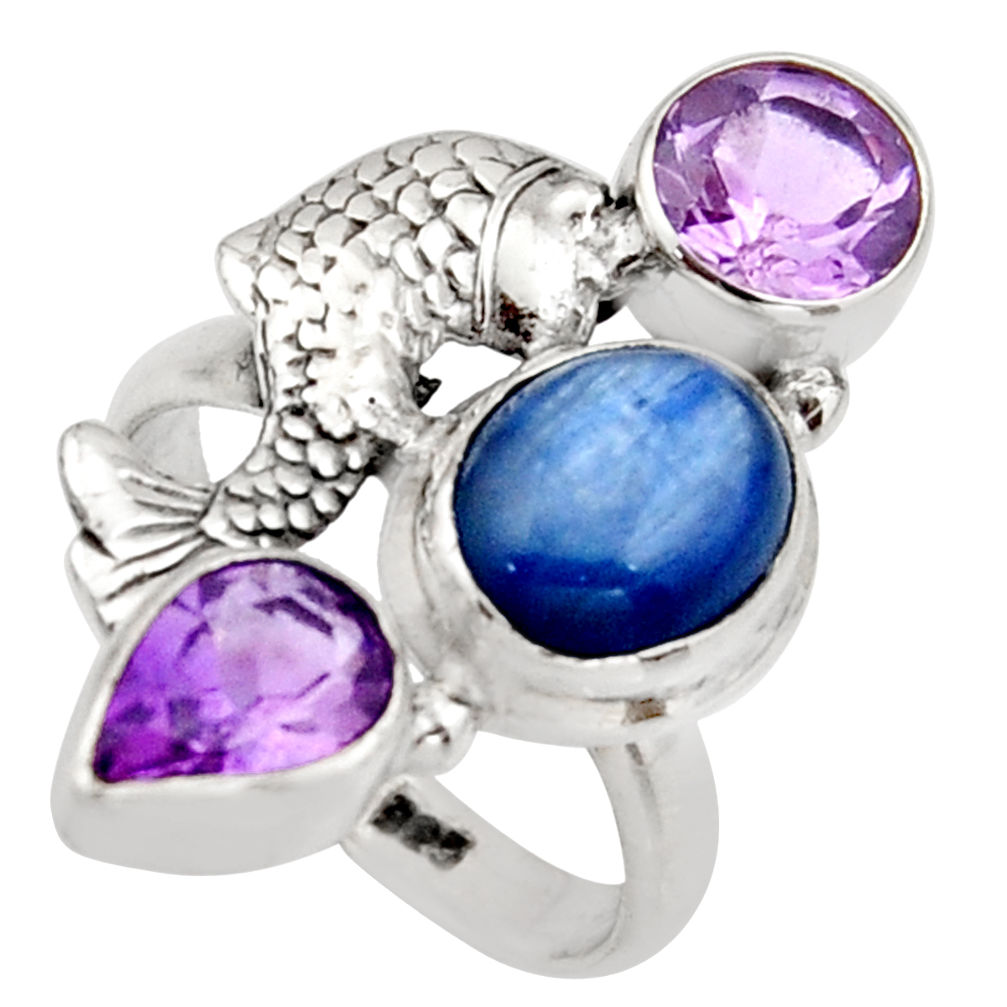 7.58cts natural blue kyanite purple amethyst 925 silver fish ring size 7 r13101