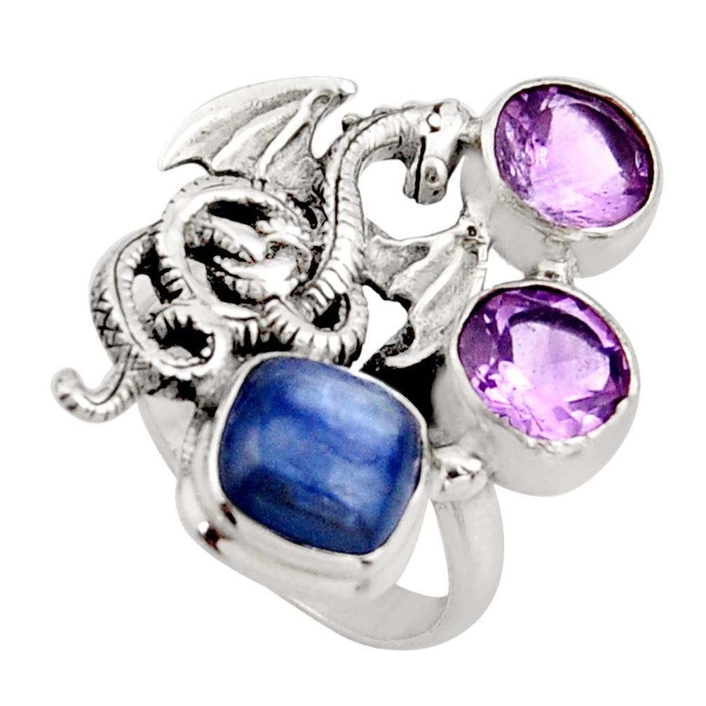 925 silver 6.53cts natural blue kyanite amethyst dragon ring size 7 r13104