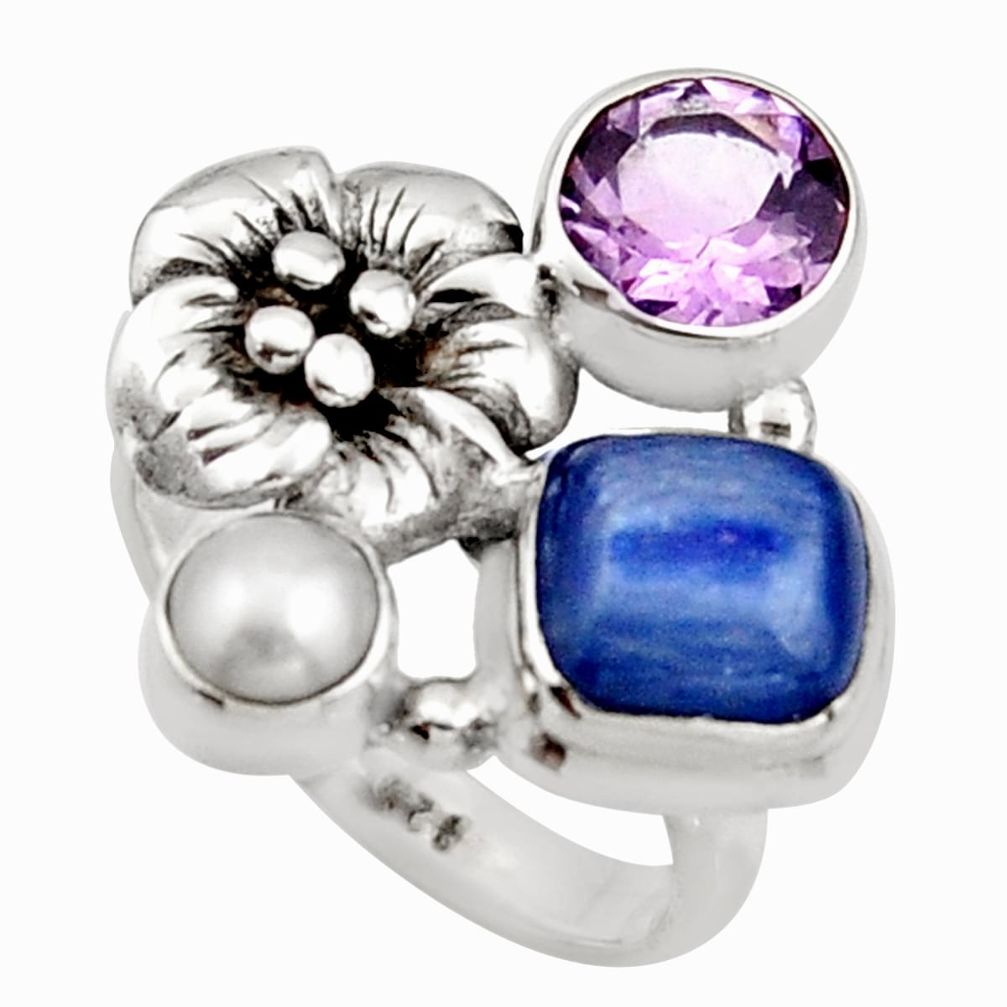 5.63cts natural blue kyanite amethyst 925 silver flower ring size 6.5 r13105