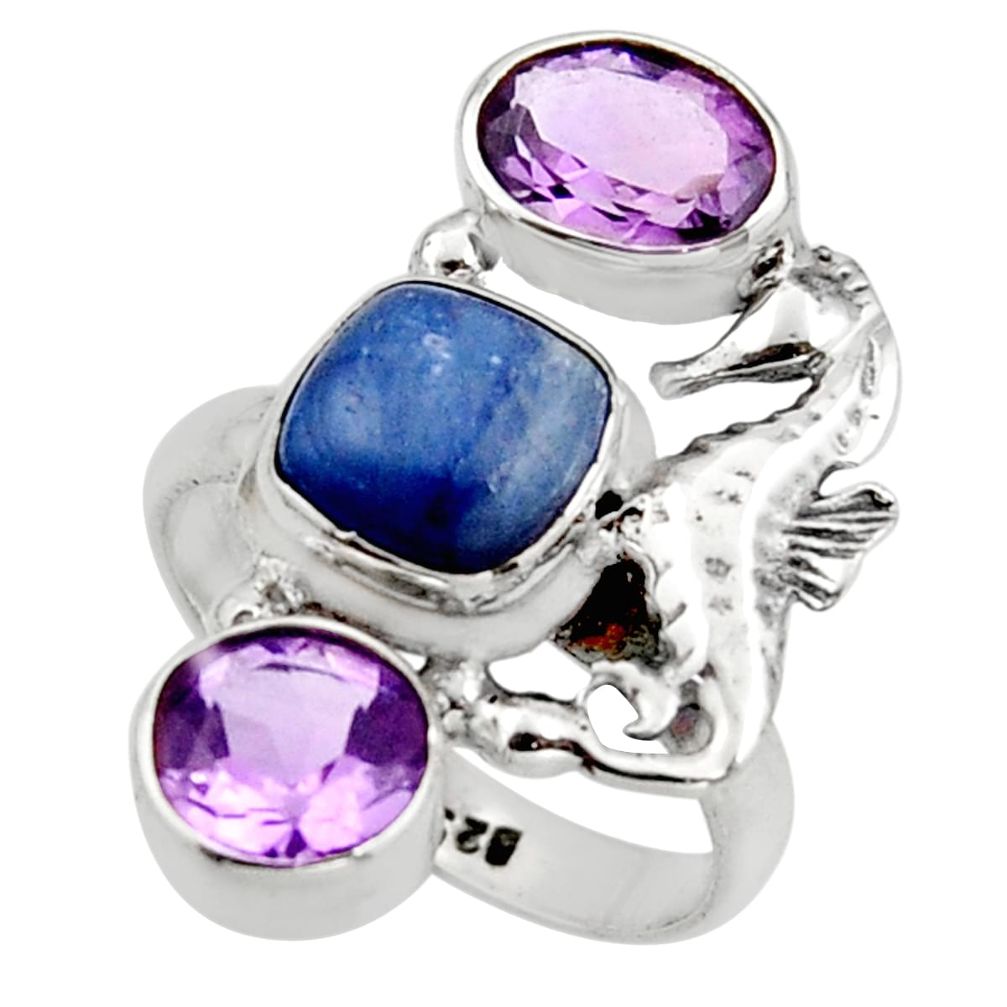 6.63cts natural blue kyanite amethyst 925 silver seahorse ring size 7 r13107
