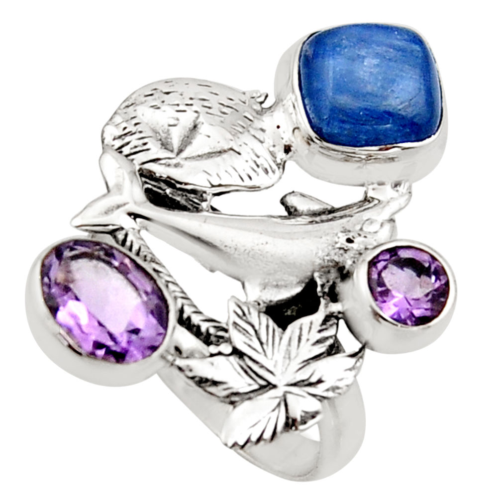 5.82cts natural blue kyanite amethyst 925 silver dolphin ring size 8.5 r13111