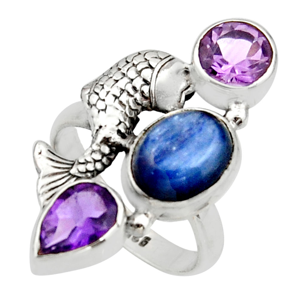 7.72cts natural blue kyanite amethyst 925 silver fish ring size 8.5 r13112