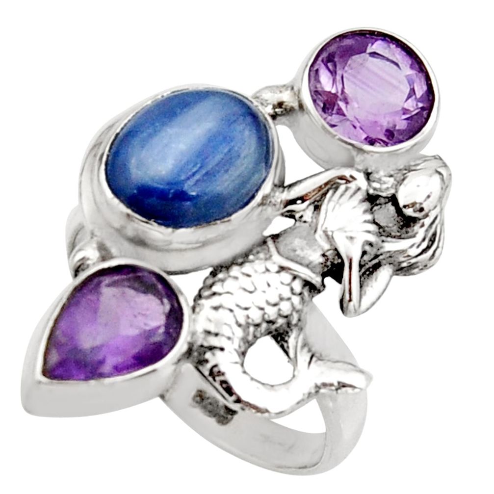 7.85cts natural blue kyanite amethyst silver fairy mermaid ring size 8 r13113