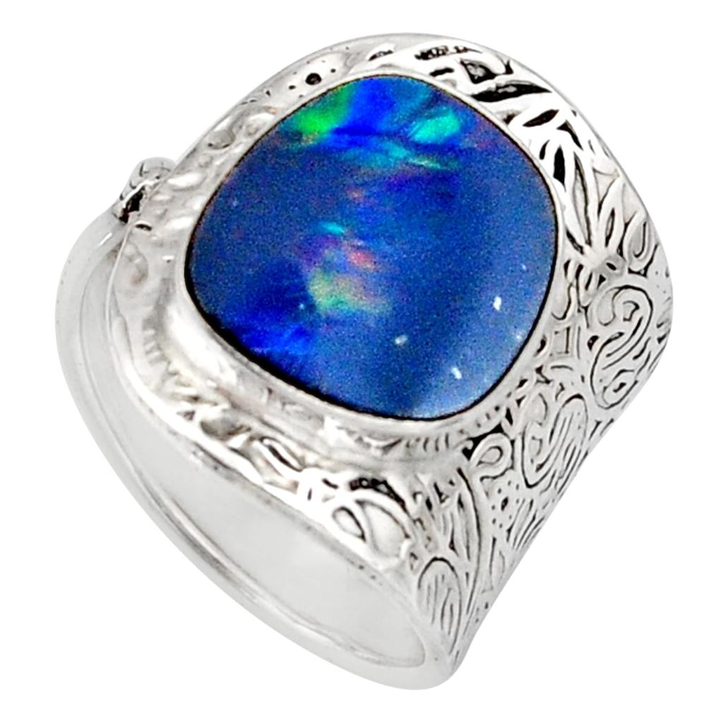Natural blue doublet opal australian 925 silver adjustable ring size 7.5 r13136