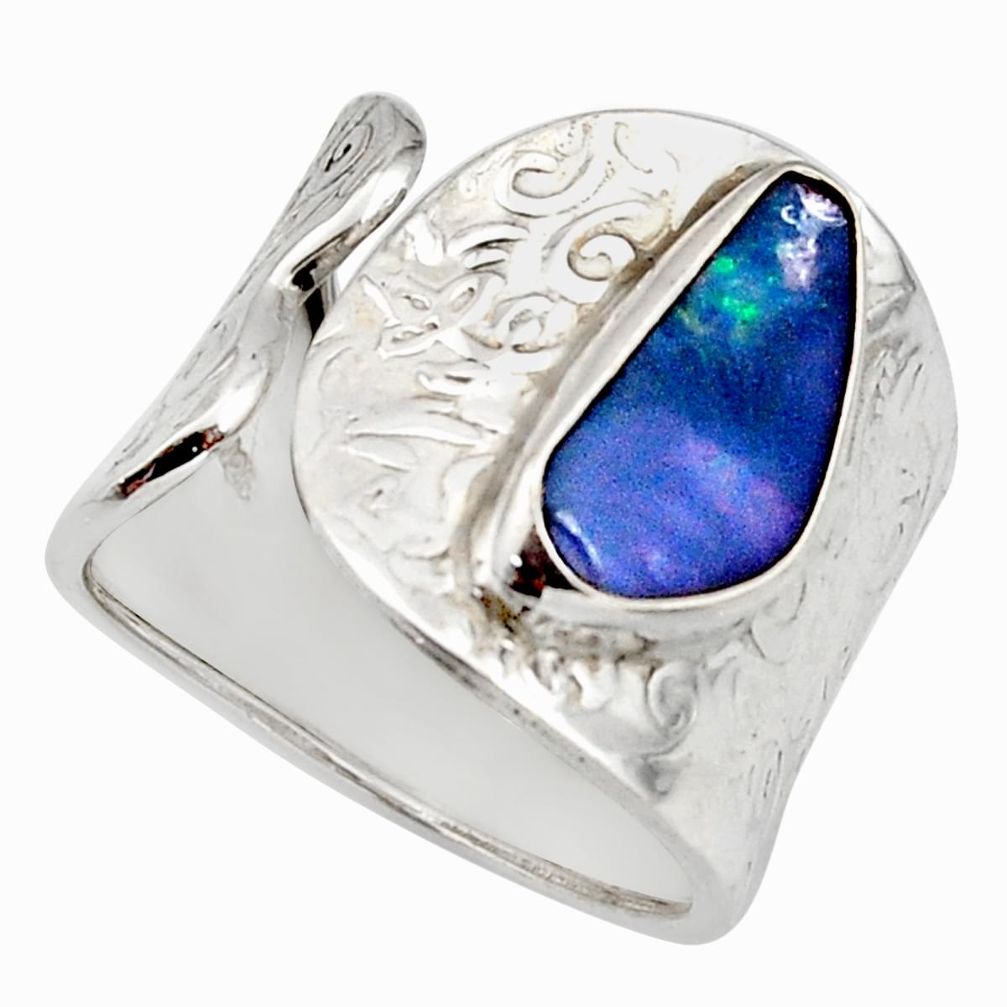 925 silver natural blue doublet opal australian adjustable ring size 8.5 r13138