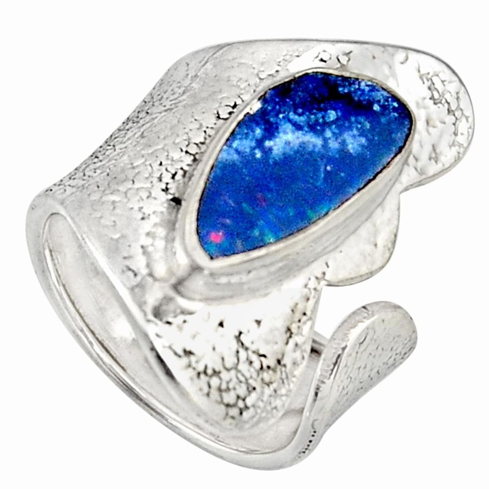 Natural blue doublet opal australian 925 silver adjustable ring size 6.5 r13142