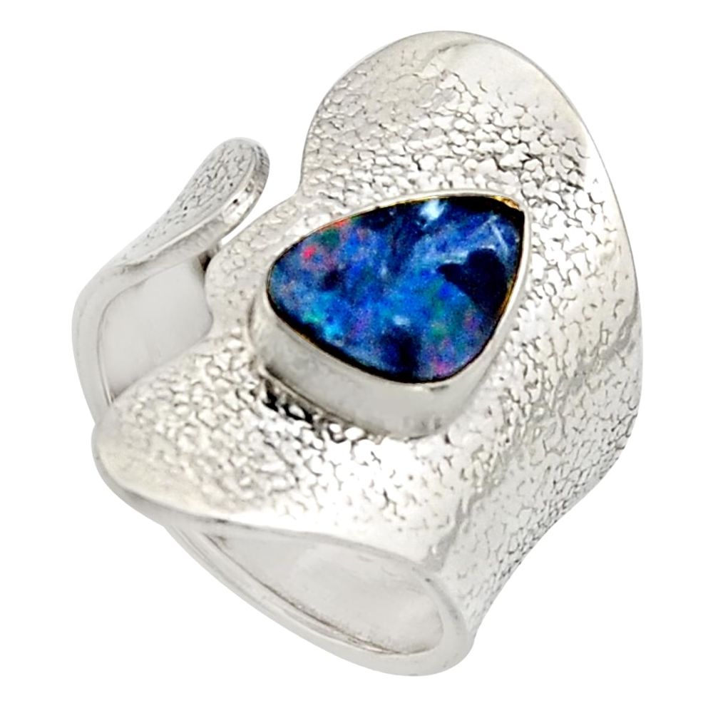 Natural blue doublet opal australian 925 silver adjustable ring size 7.5 r13146