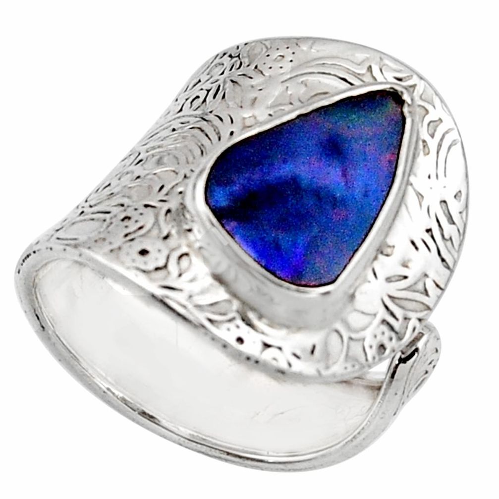 925 silver natural blue doublet opal australian adjustable ring size 7.5 r13155