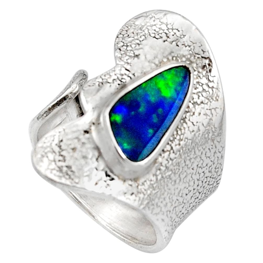Natural blue doublet opal australian 925 silver adjustable ring size 6.5 r13159