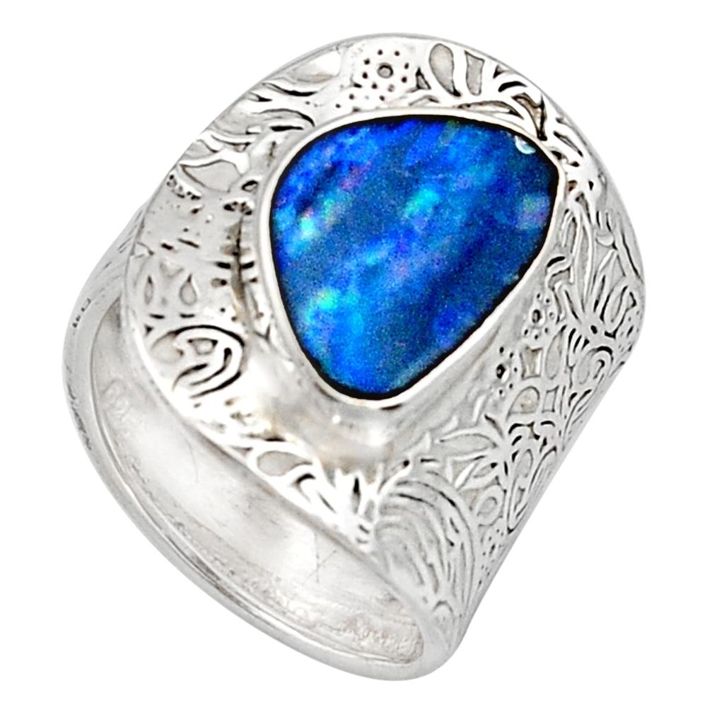 925 silver natural blue doublet opal australian adjustable ring size 6.5 r13160