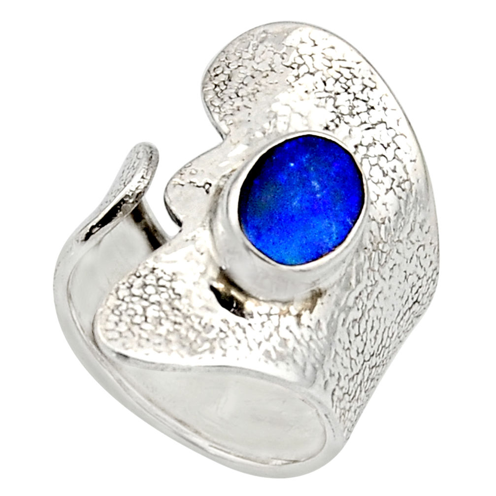 Natural blue doublet opal australian 925 silver adjustable ring size 7.5 r13161