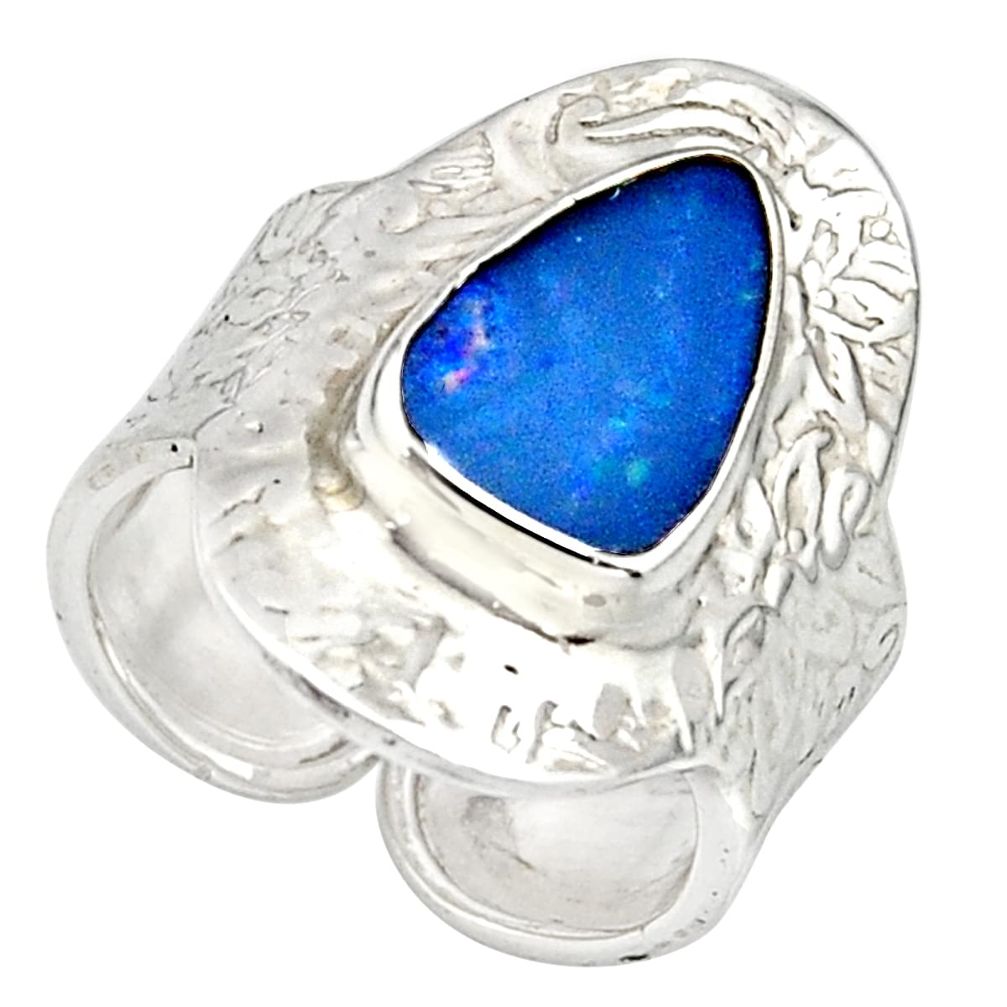 925 silver natural blue doublet opal australian adjustable ring size 7.5 r13164
