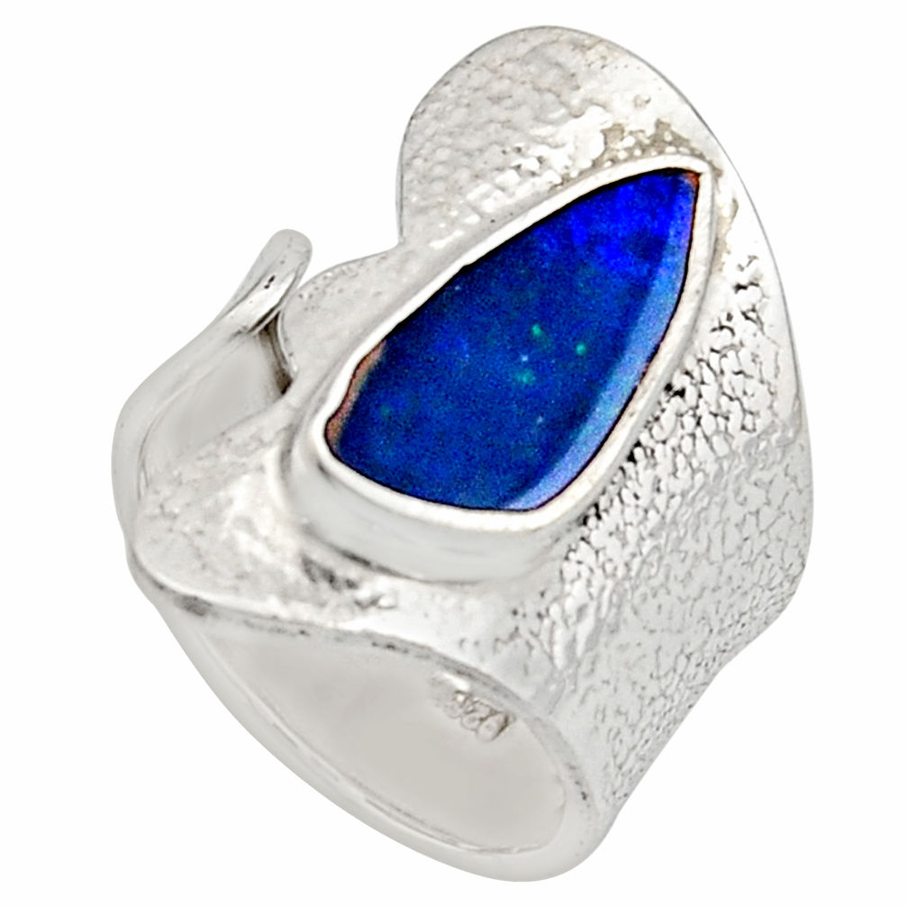 Natural blue doublet opal australian 925 silver adjustable ring size 7.5 r13169
