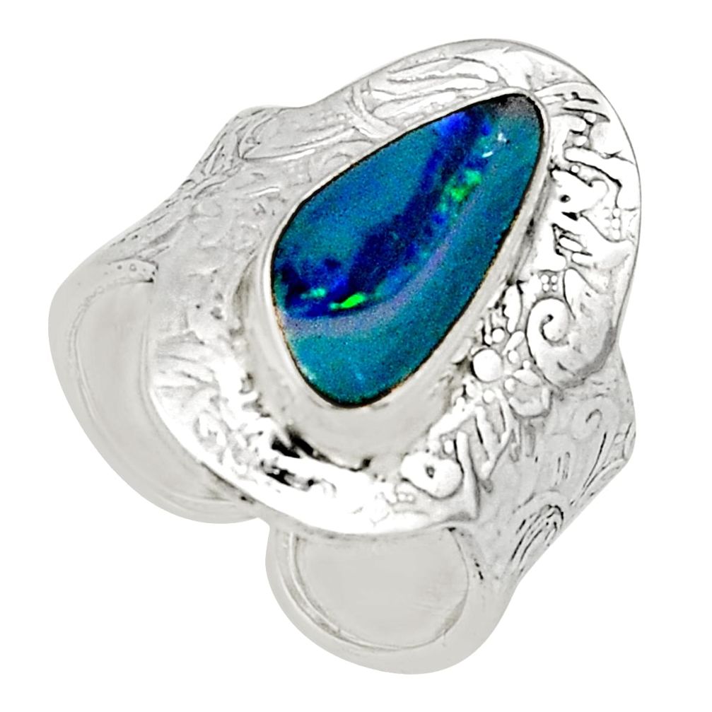 Natural blue doublet opal australian 925 silver adjustable ring size 8.5 r13173