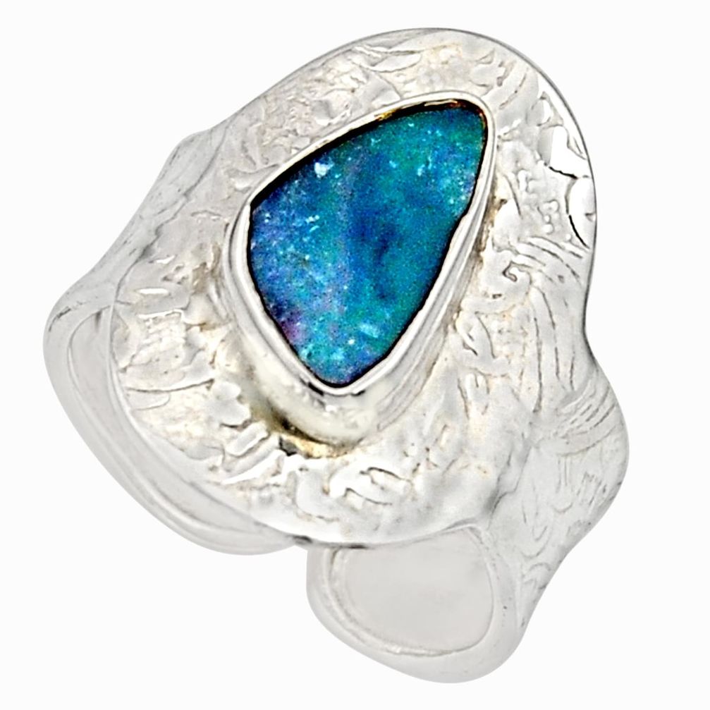 925 silver natural blue doublet opal australian adjustable ring size 9.5 r13177