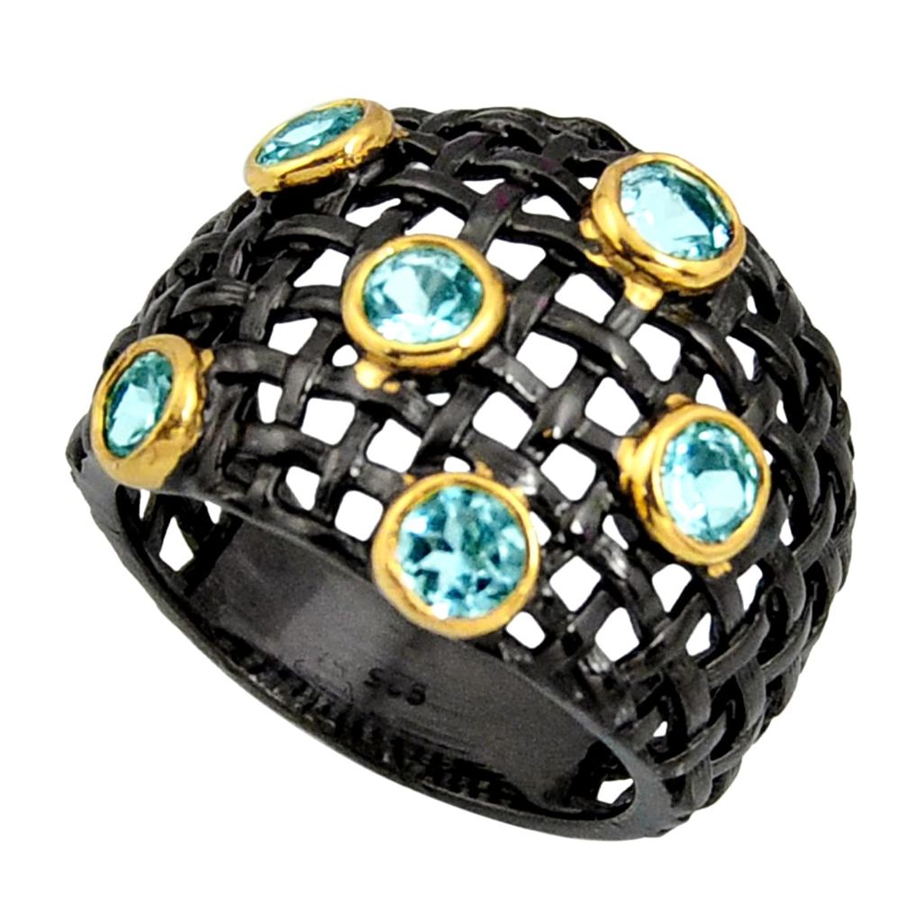 3.74cts black rhodium natural blue topaz silver 14k gold ring size 7.5 r13904