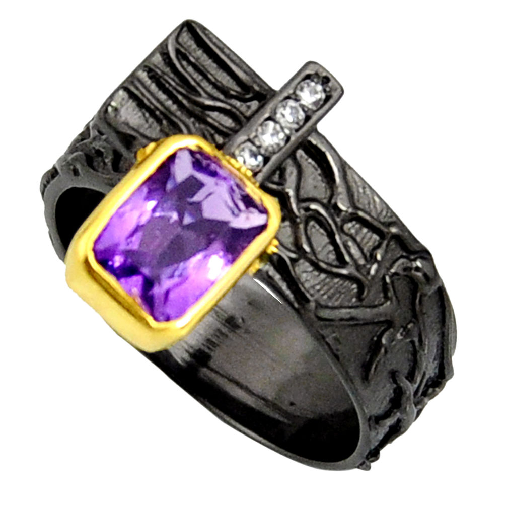 925 silver 2.33cts rhodium natural amethyst gold adjustable ring size 7.5 r13944