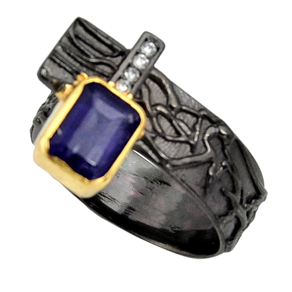 2.34cts rhodium natural iolite 925 silver gold adjustable ring size 8.5 r13958