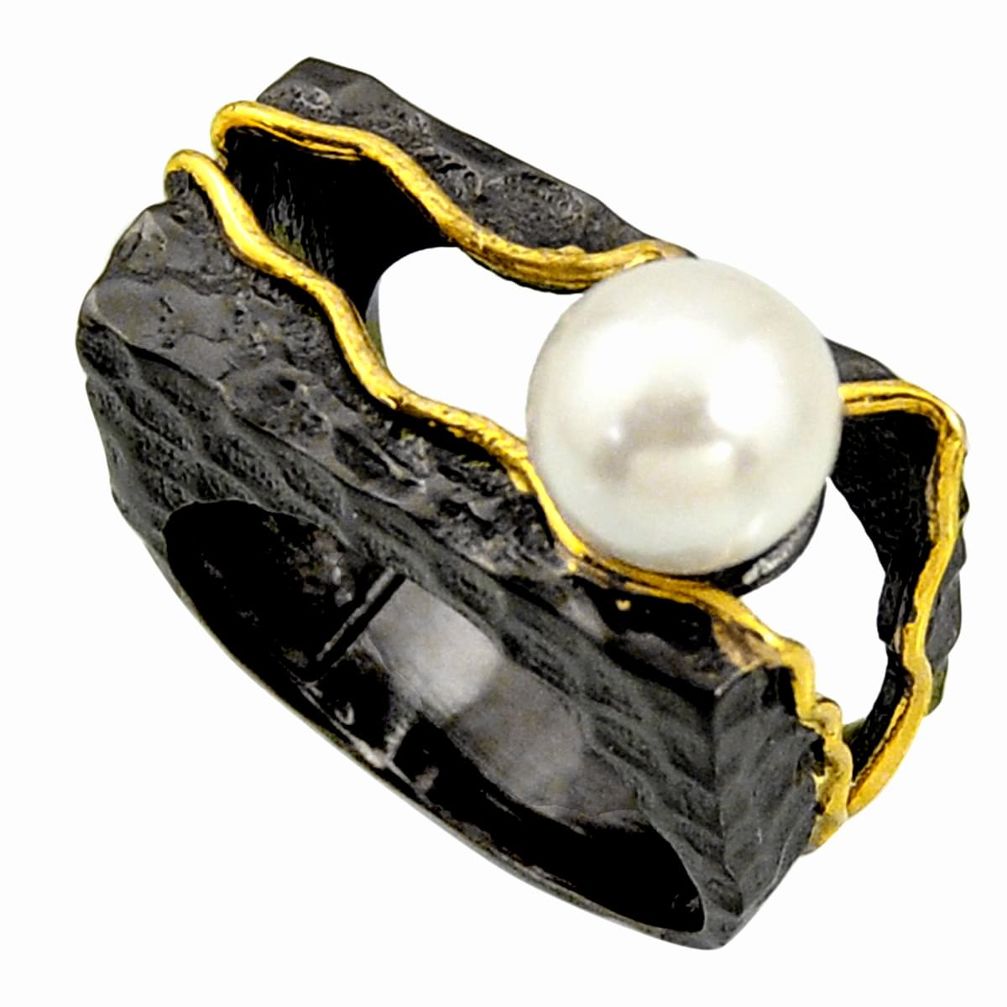 3.04cts black rhodium natural white pearl silver solitaire ring size 8 r13970