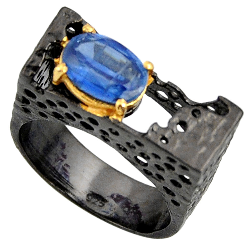 925 silver 2.81cts black rhodium natural blue kyanite gold ring size 7.5 r14018