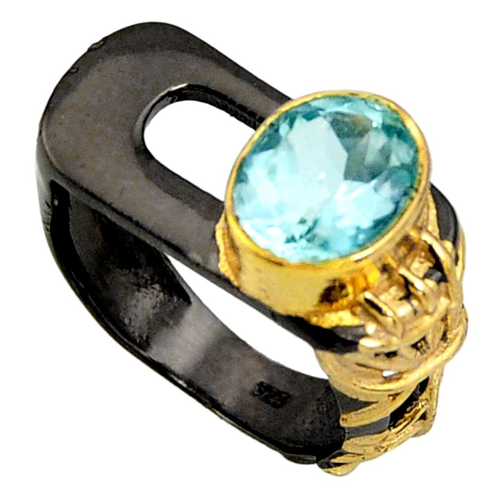 4.48cts black rhodium natural blue topaz 925 silver gold ring size 7.5 r14072