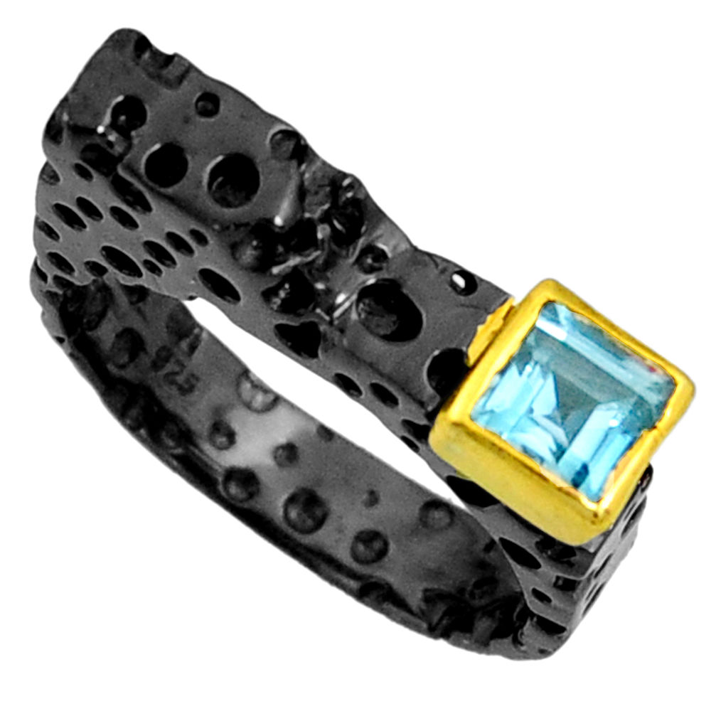 1.12cts black rhodium natural blue topaz 925 silver 14k gold ring size 8 r14100