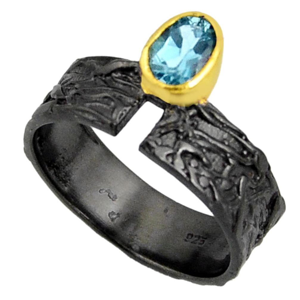 1.58cts black rhodium natural blue topaz 925 silver 14k gold ring size 8 r14119