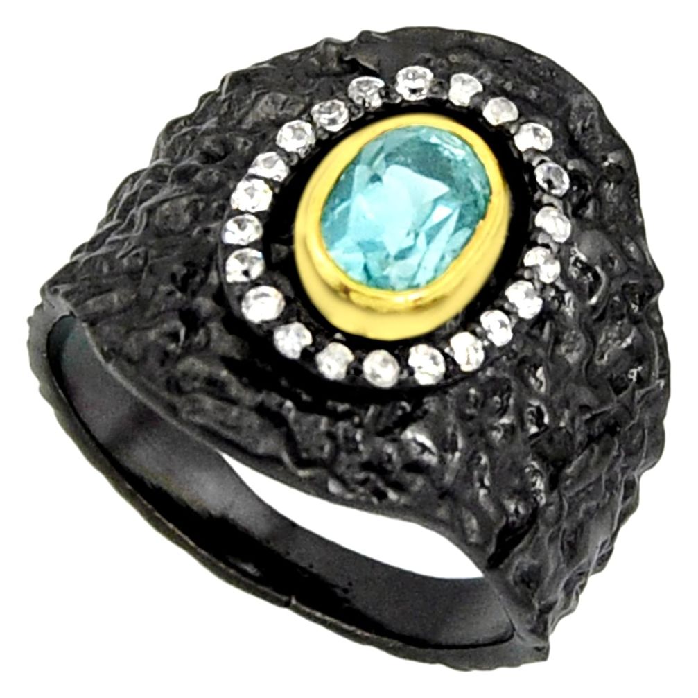 2.18cts black rhodium natural blue topaz 925 silver 14k gold ring size 7 r14130