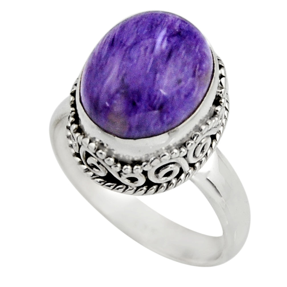 5.41cts natural purple charoite 925 silver solitaire ring size 7.5 r15496