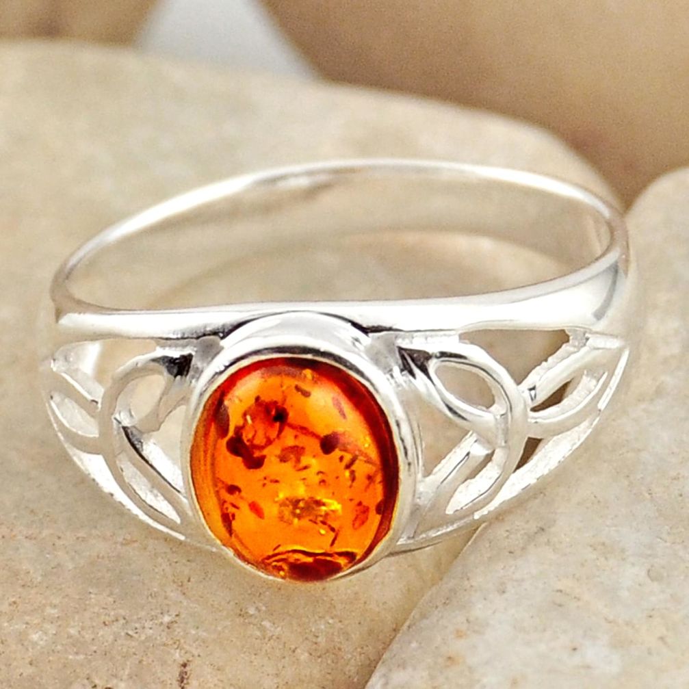 1.59cts natural orange baltic amber 925 silver solitaire ring size 7.5 r15660