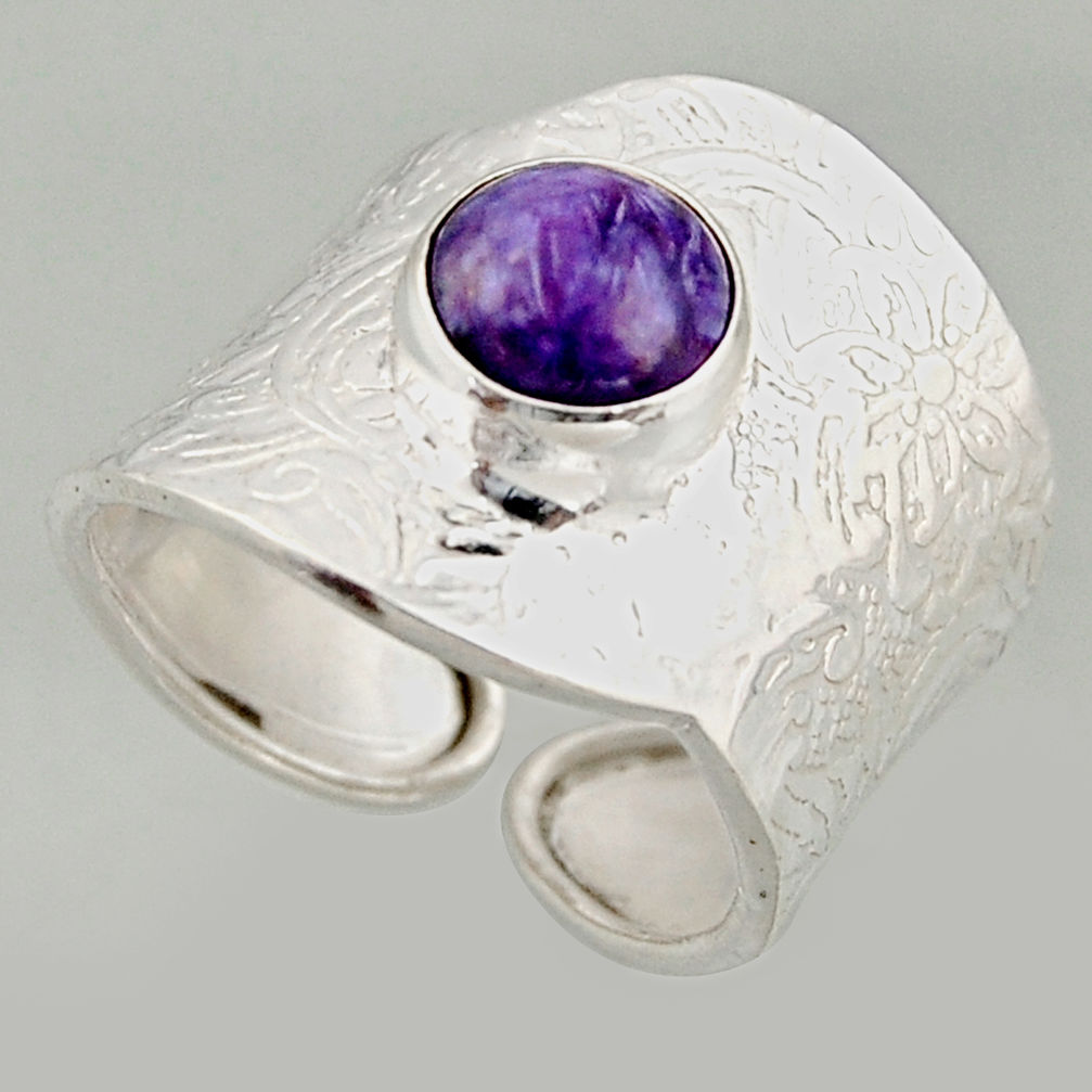 3.42cts natural purple charoite silver solitaire adjustable ring size 8.5 r16314