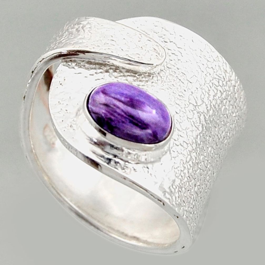 2.23cts natural purple charoite silver solitaire adjustable ring size 8 r16316
