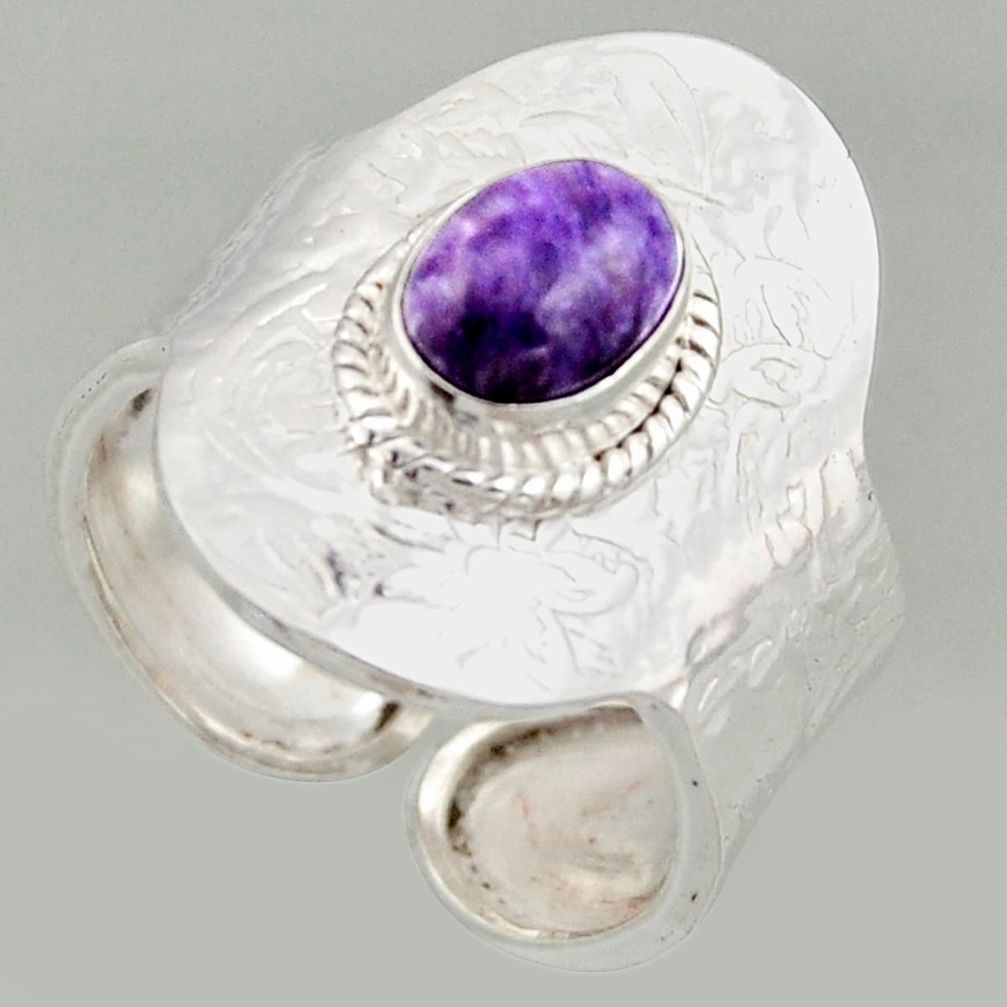 2.33cts natural purple charoite silver solitaire adjustable ring size 9 r16319
